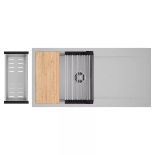 HD Onyx Grey 100 egymedencés gránit mosogatótálca szett, csepegtetőtálcával, vágódeszkával, acél csepegtetőráccsal és kosárral, alpesi szürke színben