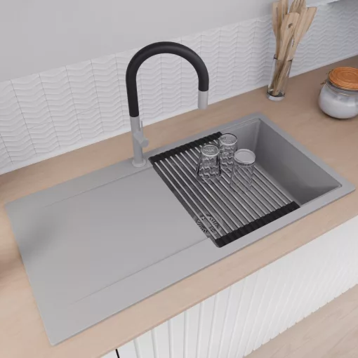 HD Onyx Grey 100 egymedencés gránit mosogatótálca szett, csepegtetőtálcával, vágódeszkával, acél csepegtetőráccsal és kosárral, alpesi szürke színben