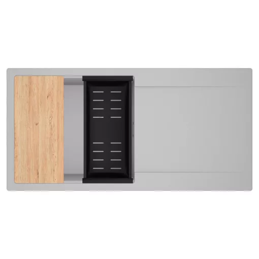 HD Onyx Grey 100 egymedencés gránit mosogatótálca szett, csepegtetőtálcával, vágódeszkával, matt fekete csepegtetőkosárral, alpesi szürke színben