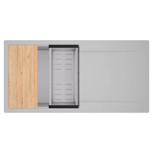 HD Onyx Grey 100 egymedencés gránit mosogatótálca szett, csepegtetőtálcával, vágódeszkával, acél csepegtetőkosárral, alpesi szürke színben