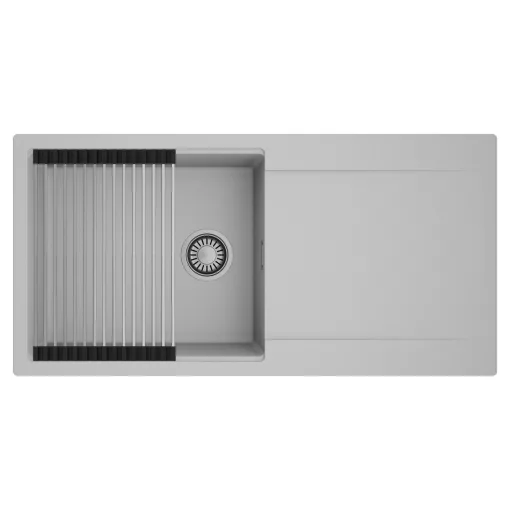 HD Onyx Grey 100 egymedencés mosogatótálca szett, acél csepegtetőráccsal, csepegtetőtálcával, alpesi szürke színben