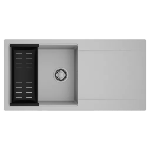 HD Onyx Grey 100 egymedencés mosogatótálca szett, matt fekete csepegtetőkosárral, csepegtetőtálcával, alpesi szürke színben