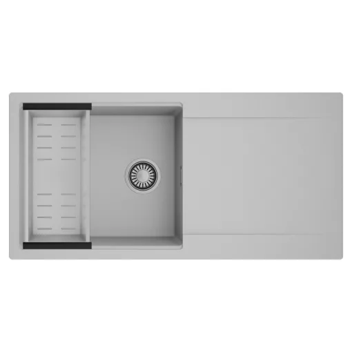 HD Onyx Grey 100 egymedencés mosogatótálca szett, acél csepegtetőkosárral, csepegtetőtálcával, alpesi szürke színben