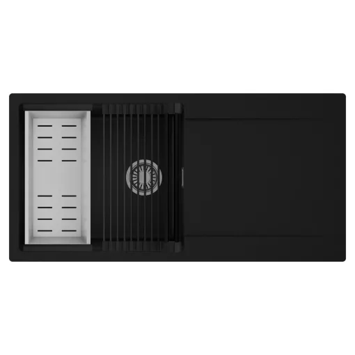 HD Onyx Black 100 egymedencés mosogatótálca szett, matt fekete csepegtetőráccsal és krómozott kosárral, csepegtetőtálcával, matt fekete színben, szálcsiszolt króm leeresztő szifonnal