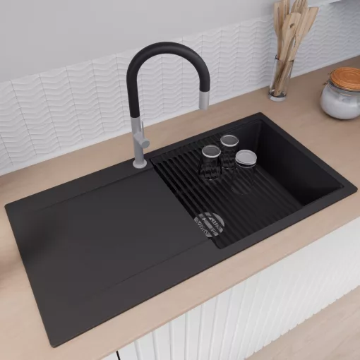 HD Onyx Black 100 egymedencés mosogatótálca szett, matt fekete csepegtetőráccsal és krómozott kosárral, csepegtetőtálcával, matt fekete színben, szálcsiszolt króm leeresztő szifonnal