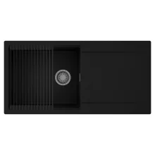 HD Onyx Black 100 egymedencés mosogatótálca szett, matt fekete csepegtetőráccsal, csepegtetőtálcával, matt fekete színben, szálcsiszolt króm leeresztő szifonnal