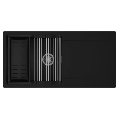 HD Onyx Black 100 egymedencés mosogatótálca szett, acél csepegtetőráccsal és matt fekete kosárral, csepegtetőtálcával, matt fekete színben, szálcsiszolt króm leeresztő szifonnal