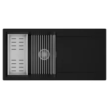 HD Onyx Black 100 egymedencés mosogatótálca szett, acél csepegtetőráccsal és kosárral, csepegtetőtálcával, matt fekete színben, szálcsiszolt króm leeresztő szifonnal