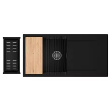 HD Onyx Black 100 egymedencés gránit mosogatótálca szett, csepegtetőtálcával, vágódeszkával, matt fekete csepegtetőráccsal és kosárral, matt fekete színben, szálcsiszolt króm leeresztő szifonnal