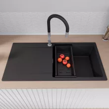 HD Onyx Black 100 egymedencés gránit mosogatótálca szett, csepegtetőtálcával, vágódeszkával, matt fekete csepegtetőráccsal és kosárral, matt fekete színben, szálcsiszolt króm leeresztő szifonnal