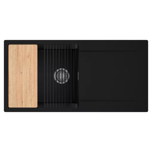 HD Onyx Black 100 egymedencés gránit mosogatótálca szett, csepegtetőtálcával, vágódeszkával, matt fekete csepegtetőráccsal, matt fekete színben, szálcsiszolt króm leeresztő szifonnal