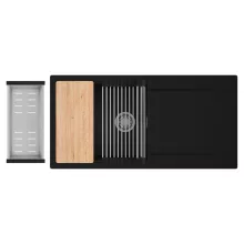 HD Onyx Black 100 egymedencés gránit mosogatótálca szett, csepegtetőtálcával, vágódeszkával, acél csepegtetőráccsal és kosárral, matt fekete színben, szálcsiszolt króm leeresztő szifonnal