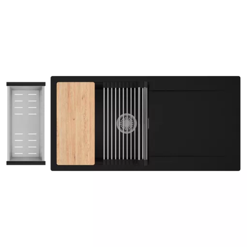 HD Onyx Black 100 egymedencés gránit mosogatótálca szett, csepegtetőtálcával, vágódeszkával, acél csepegtetőráccsal és kosárral, matt fekete színben, szálcsiszolt króm leeresztő szifonnal