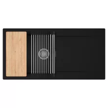 HD Onyx Black 100 egymedencés gránit mosogatótálca szett, csepegtetőtálcával, vágódeszkával, acél csepegtetőráccsal, matt fekete színben, szálcsiszolt króm leeresztő szifonnal