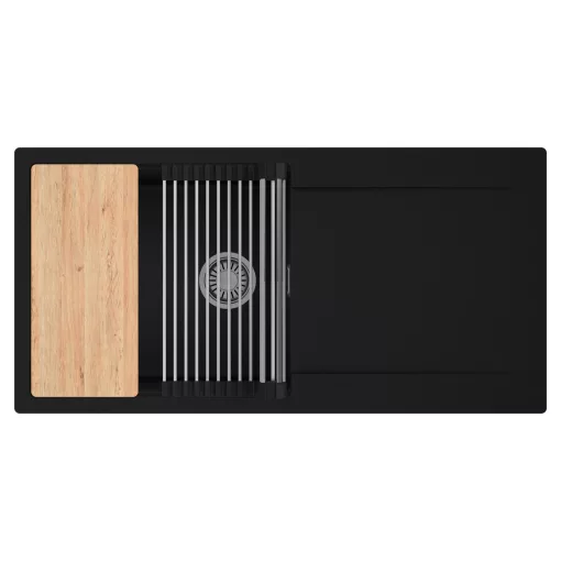 HD Onyx Black 100 egymedencés gránit mosogatótálca szett, csepegtetőtálcával, vágódeszkával, acél csepegtetőráccsal, matt fekete színben, szálcsiszolt króm leeresztő szifonnal