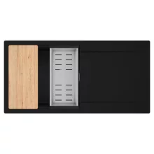 HD Onyx Black 100 egymedencés gránit mosogatótálca szett, csepegtetőtálcával, vágódeszkával, acél csepegtetőkosárral, matt fekete színben, szálcsiszolt króm leeresztő szifonnal