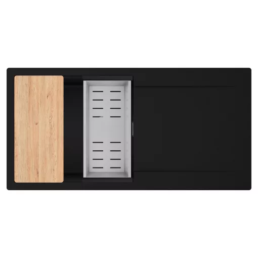 HD Onyx Black 100 egymedencés gránit mosogatótálca szett, csepegtetőtálcával, vágódeszkával, acél csepegtetőkosárral, matt fekete színben, szálcsiszolt króm leeresztő szifonnal