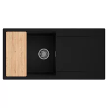 HD Onyx Black 100 egymedencés gránit mosogatótálca, vágódeszkával, matt fekete színben, szálcsiszolt króm leeresztő szifonnal