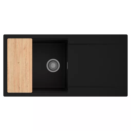 HD Onyx Black 100 egymedencés gránit mosogatótálca, vágódeszkával, matt fekete színben, szálcsiszolt króm leeresztő szifonnal