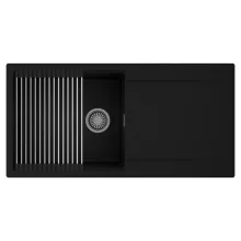 HD Onyx Black 100 egymedencés mosogatótálca szett, acél csepegtetőráccsal, csepegtetőtálcával, matt fekete színben, szálcsiszolt króm leeresztő szifonnal