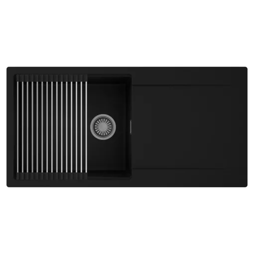 HD Onyx Black 100 egymedencés mosogatótálca szett, acél csepegtetőráccsal, csepegtetőtálcával, matt fekete színben, szálcsiszolt króm leeresztő szifonnal