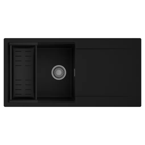 HD Onyx Black 100 egymedencés mosogatótálca szett, matt fekete csepegtetőkosárral, csepegtetőtálcával, matt fekete színben, szálcsiszolt króm leeresztő szifonnal