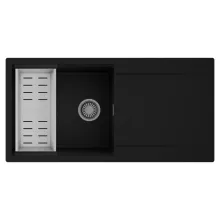 HD Onyx Black 100 egymedencés mosogatótálca szett, acél csepegtetőkosárral, csepegtetőtálcával, matt fekete színben, szálcsiszolt króm leeresztő szifonnal