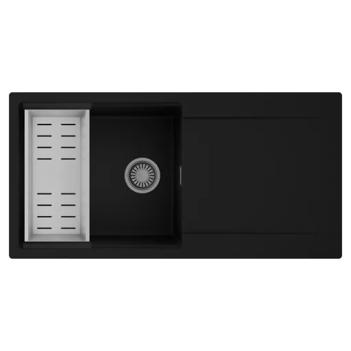 HD Onyx Black 100 egymedencés mosogatótálca szett, acél csepegtetőkosárral, csepegtetőtálcával, matt fekete színben, szálcsiszolt króm leeresztő szifonnal