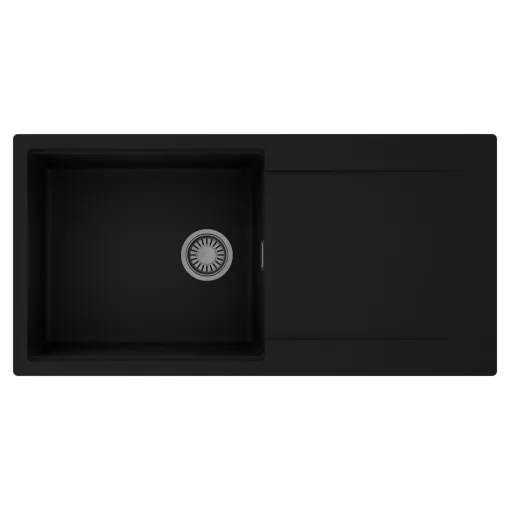 HD Onyx Black 100 egymedencés mosogatótálca, csepegtetőtálcával, matt fekete színben, szálcsiszolt króm leeresztő szifonnal