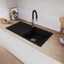 HD Onyx Black 100 egymedencés mosogatótálca, csepegtetőtálcával, matt fekete színben, szálcsiszolt króm leeresztő szifonnal