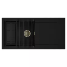 HD Onyx Black 100 egymedencés mosogatótálca szett, matt fekete csepegtetőráccsal és kosárral, csepegtetőtálcával, matt fekete színben, szálcsiszolt arany leeresztő szifonnal