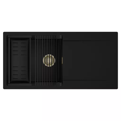 HD Onyx Black 100 egymedencés mosogatótálca szett, matt fekete csepegtetőráccsal és kosárral, csepegtetőtálcával, matt fekete színben, szálcsiszolt arany leeresztő szifonnal