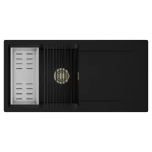 HD Onyx Black 100 egymedencés mosogatótálca szett, matt fekete csepegtetőráccsal és krómozott kosárral, csepegtetőtálcával, matt fekete színben, szálcsiszolt arany leeresztő szifonnal