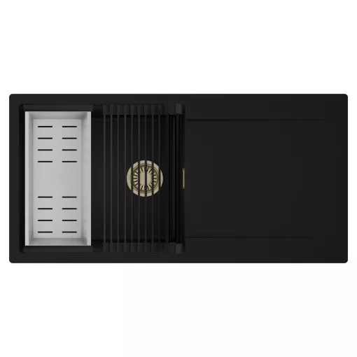 HD Onyx Black 100 egymedencés mosogatótálca szett, matt fekete csepegtetőráccsal és krómozott kosárral, csepegtetőtálcával, matt fekete színben, szálcsiszolt arany leeresztő szifonnal