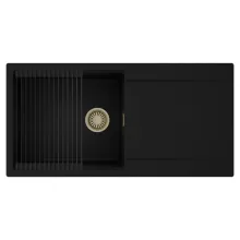 HD Onyx Black 100 egymedencés mosogatótálca szett, matt fekete csepegtetőráccsal, csepegtetőtálcával, matt fekete színben, szálcsiszolt arany leeresztő szifonnal