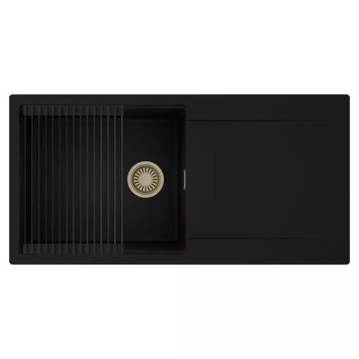 HD Onyx Black 100 egymedencés mosogatótálca szett, matt fekete csepegtetőráccsal, csepegtetőtálcával, matt fekete színben, szálcsiszolt arany leeresztő szifonnal