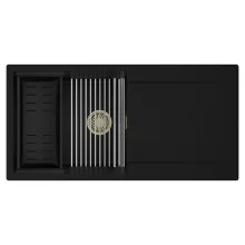 HD Onyx Black 100 egymedencés mosogatótálca szett, acél csepegtetőráccsal és matt fekete kosárral, csepegtetőtálcával, matt fekete színben, szálcsiszolt arany leeresztő szifonnal