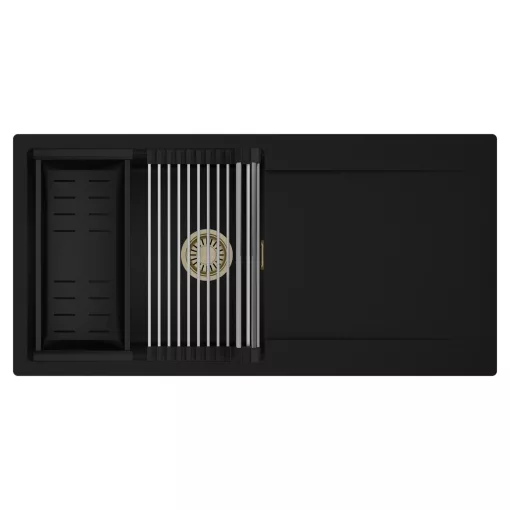 HD Onyx Black 100 egymedencés mosogatótálca szett, acél csepegtetőráccsal és matt fekete kosárral, csepegtetőtálcával, matt fekete színben, szálcsiszolt arany leeresztő szifonnal
