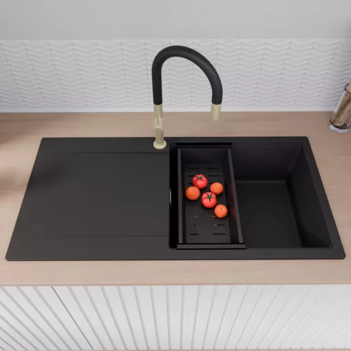 HD Onyx Black 100 egymedencés mosogatótálca szett, acél csepegtetőráccsal és matt fekete kosárral, csepegtetőtálcával, matt fekete színben, szálcsiszolt arany leeresztő szifonnal