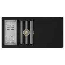 HD Onyx Black 100 egymedencés mosogatótálca szett, acél csepegtetőráccsal és kosárral, csepegtetőtálcával, matt fekete színben, szálcsiszolt arany leeresztő szifonnal