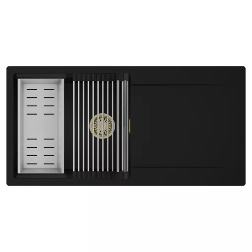 HD Onyx Black 100 egymedencés mosogatótálca szett, acél csepegtetőráccsal és kosárral, csepegtetőtálcával, matt fekete színben, szálcsiszolt arany leeresztő szifonnal