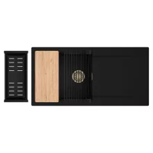 HD Onyx Black 100 egymedencés gránit mosogatótálca szett, csepegtetőtálcával, vágódeszkával, matt fekete csepegtetőráccsal és kosárral, matt fekete színben, szálcsiszolt arany leeresztő szifonnal