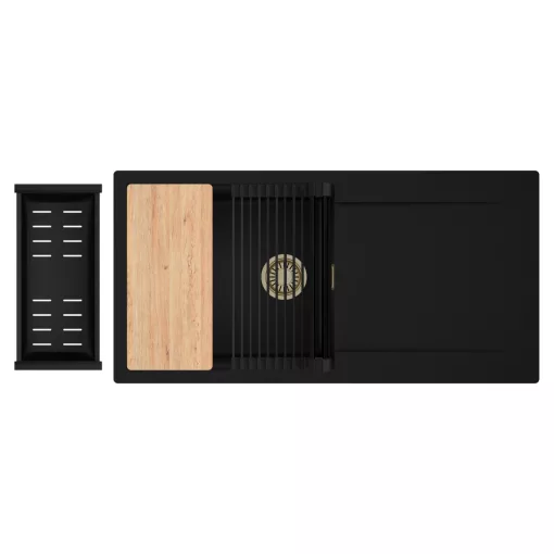 HD Onyx Black 100 egymedencés gránit mosogatótálca szett, csepegtetőtálcával, vágódeszkával, matt fekete csepegtetőráccsal és kosárral, matt fekete színben, szálcsiszolt arany leeresztő szifonnal