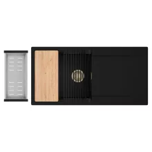 HD Onyx Black 100 egymedencés gránit mosogatótálca szett, csepegtetőtálcával, vágódeszkával, matt fekete csepegtetőráccsal és krómozott kosárral, matt fekete színben, szálcsiszolt arany leeresztő szifonnal