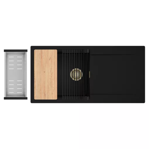 HD Onyx Black 100 egymedencés gránit mosogatótálca szett, csepegtetőtálcával, vágódeszkával, matt fekete csepegtetőráccsal és krómozott kosárral, matt fekete színben, szálcsiszolt arany leeresztő szifonnal