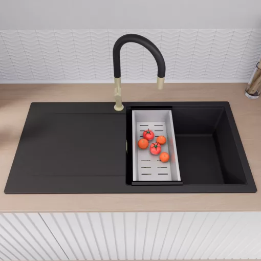 HD Onyx Black 100 egymedencés gránit mosogatótálca szett, csepegtetőtálcával, vágódeszkával, matt fekete csepegtetőráccsal és krómozott kosárral, matt fekete színben, szálcsiszolt arany leeresztő szifonnal