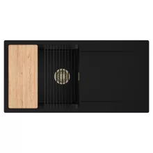 HD Onyx Black 100 egymedencés gránit mosogatótálca szett, csepegtetőtálcával, vágódeszkával, matt fekete csepegtetőráccsal, matt fekete színben, szálcsiszolt arany leeresztő szifonnal