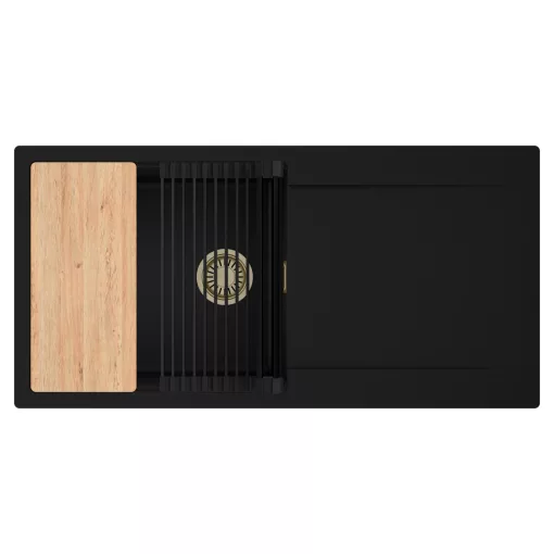 HD Onyx Black 100 egymedencés gránit mosogatótálca szett, csepegtetőtálcával, vágódeszkával, matt fekete csepegtetőráccsal, matt fekete színben, szálcsiszolt arany leeresztő szifonnal