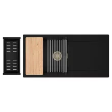 HD Onyx Black 100 egymedencés gránit mosogatótálca szett, csepegtetőtálcával, vágódeszkával, acél csepegtetőráccsal és matt fekete kosárral, matt fekete színben, szálcsiszolt arany leeresztő szifonnal