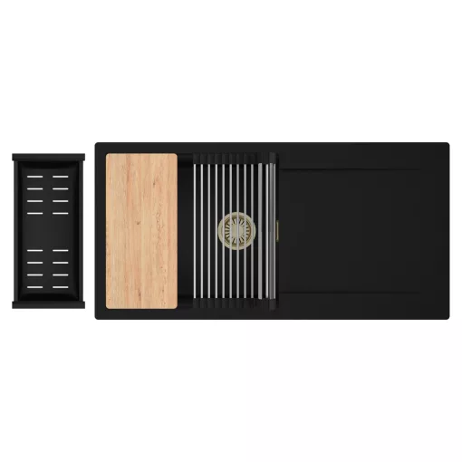 HD Onyx Black 100 egymedencés gránit mosogatótálca szett, csepegtetőtálcával, vágódeszkával, acél csepegtetőráccsal és matt fekete kosárral, matt fekete színben, szálcsiszolt arany leeresztő szifonnal